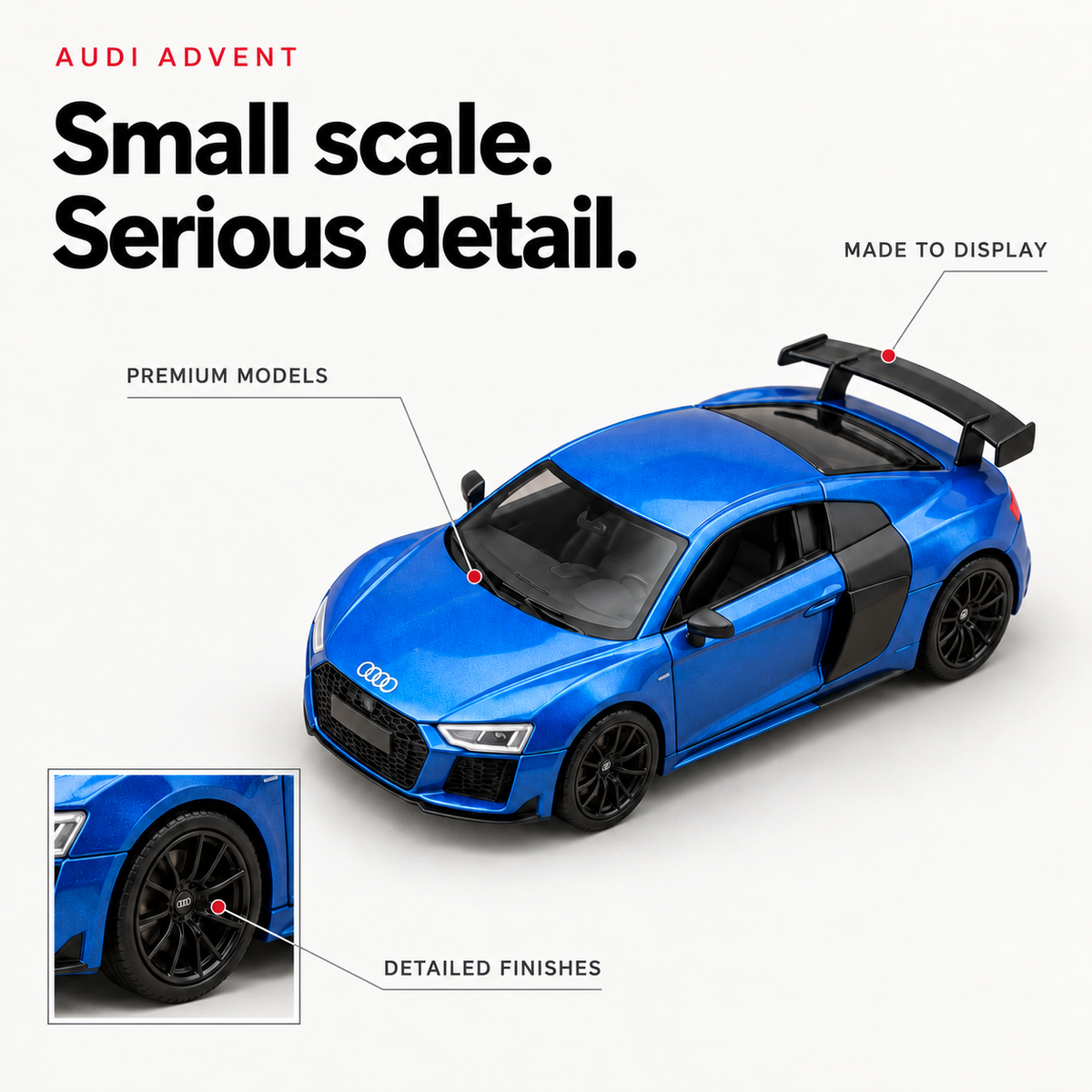 Small scale. Serious detail. Blue custom Audi miniature with detailed finishes and display-ready design callouts.