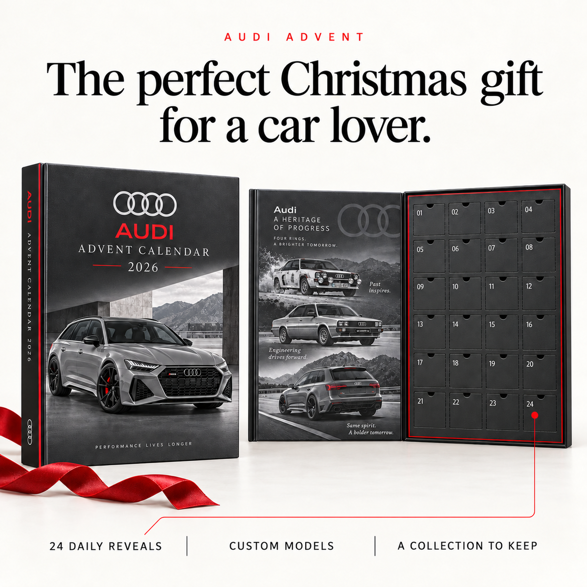 The perfect Christmas gift for a car lover. Audi Advent Calendar exterior and 24 closed numbered doors, with custom models and a collection to keep.