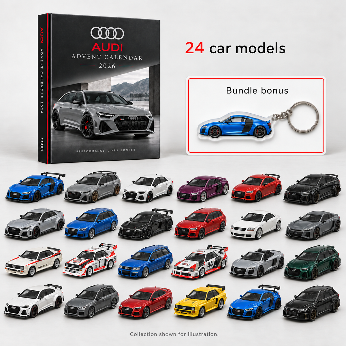 Illustrative Audi collection of 24 car models and separate bundle bonus keychain